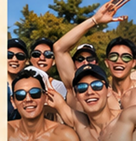 一群年轻男生在户外开心合影，呈现真实热闹的社交气氛